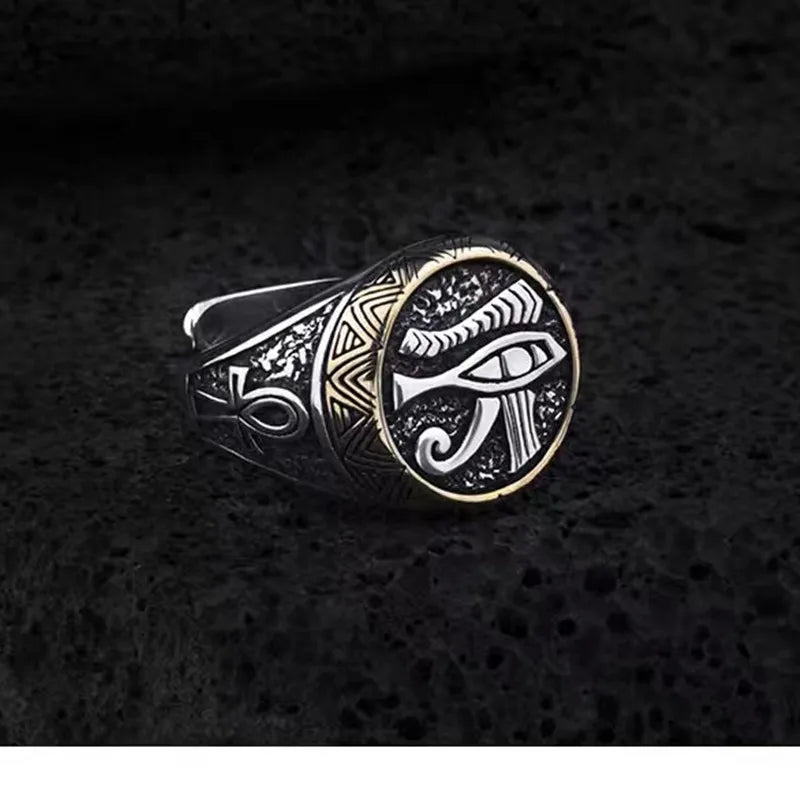 Vintage Egyptian Eye of Horus Open Ring Pharaoh Ankh Cross Adjustable Ring Men Amulet Jewelry