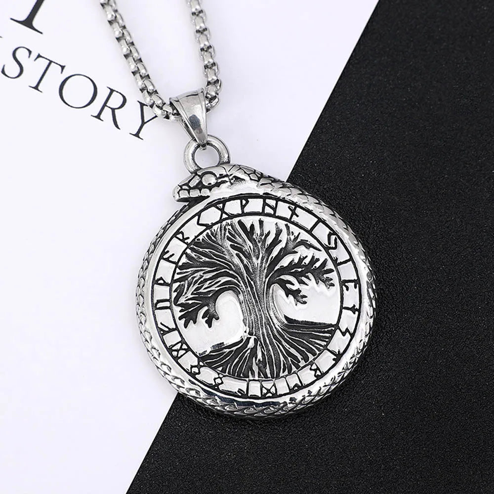 Vintage Viking Tree of Life Pendant Necklace Stainless Steel Nordic Yggdrasil Ouroboros Necklace Men Scandinavian Amulet Jewelry