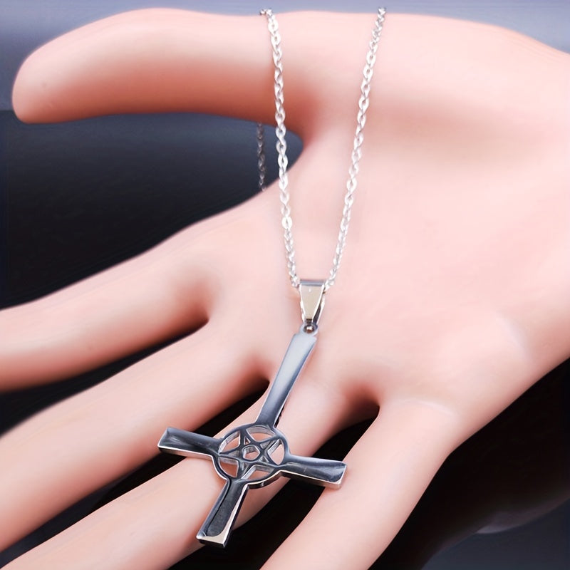 1pc Trendy Cross Necklace, Upside Down Cross Hidden Pentagram Necklace Upside Down Cross Gothic Necklace Gifts For Men, Women, Friends