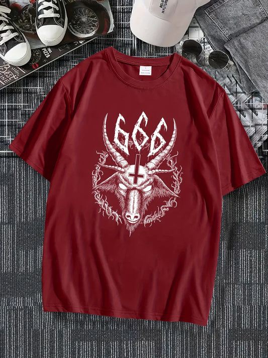 666 Number Print Creative Goat Head Graphic Tees - Soft Polyester Crew Neck Short Sleeve Shirts for Men - Summer Casual Comfortable Versatile Tops for Outdoor Activities, Hand Wash Only, Perfect as Gifts