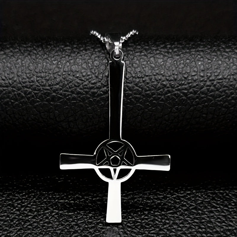 1pc Trendy Cross Necklace, Upside Down Cross Hidden Pentagram Necklace Upside Down Cross Gothic Necklace Gifts For Men, Women, Friends