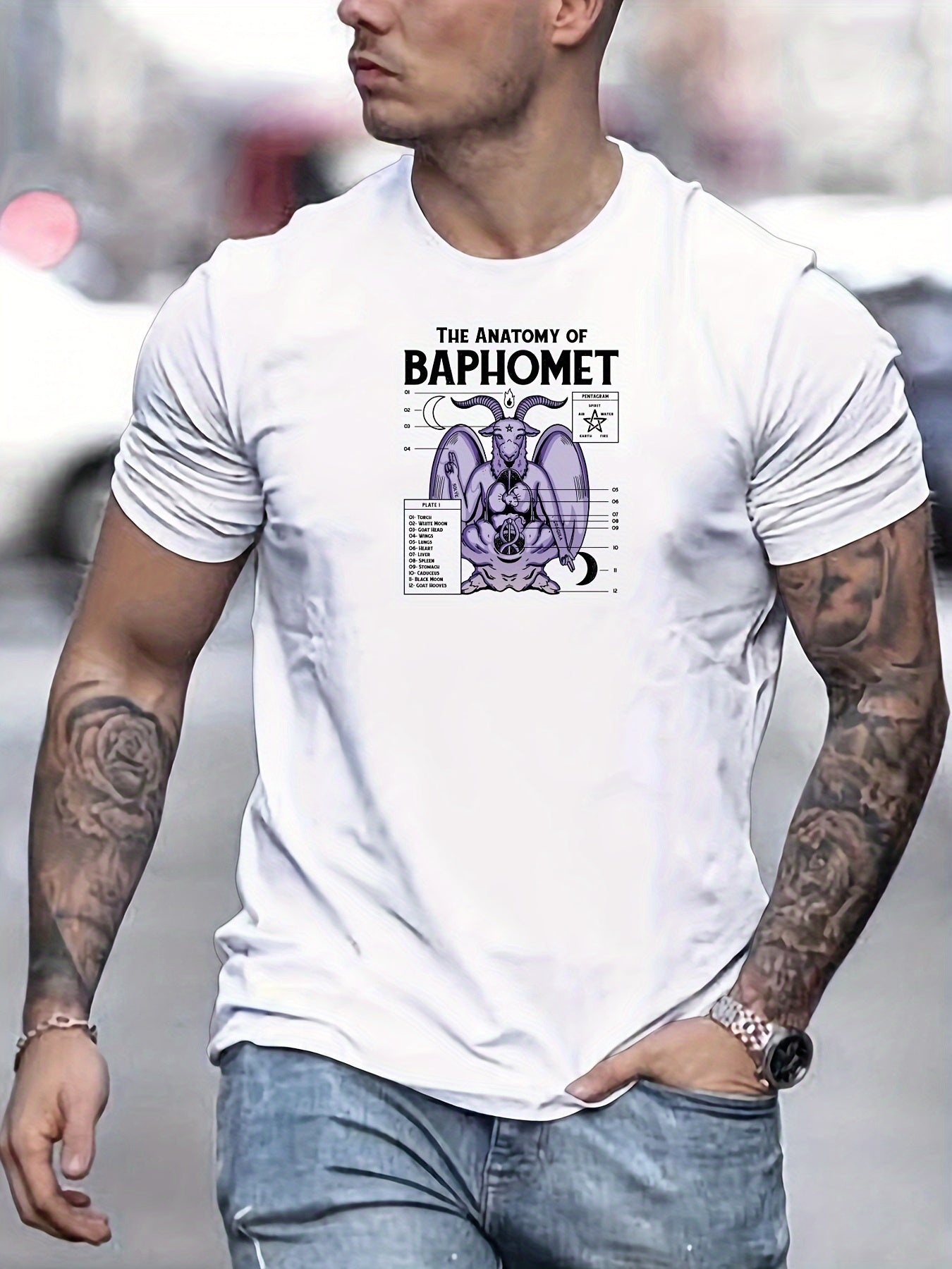 Bequemes Kurzarm-T-Shirt mit Baphomet-Musterdruck für Herren