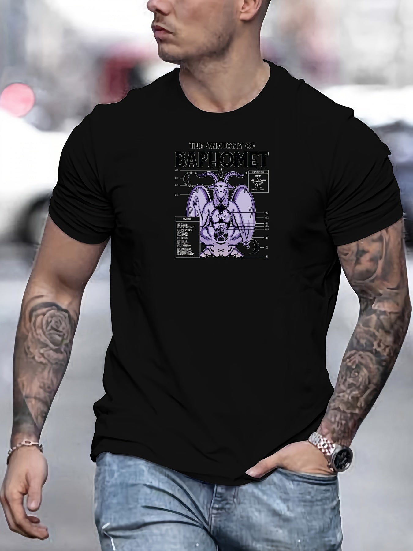 Bequemes Kurzarm-T-Shirt mit Baphomet-Musterdruck für Herren